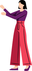 A flat vector illustration of a businesswoman with short hair wearing red trousers, standing in an explaining pose as if presenting something, suitable for presentations, advertising