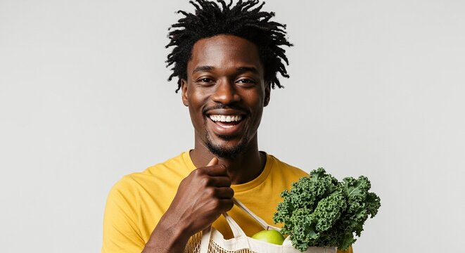 A smiling young man holding a bag of fresh produce, including kale and apples.