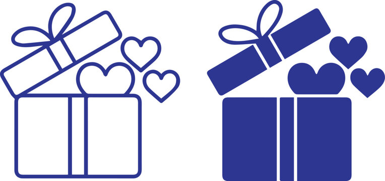 Blue gift box with hearts,blue present box with hearts design minimalist,simple,line art vector  graphic symbol 