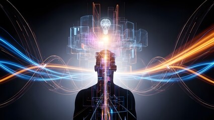 Silhouette of a Person Beneath Neon Digital Network Aura.