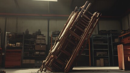 A leaning stack of old wooden industrial shelving units sits precariously in a dimly lit warehouse