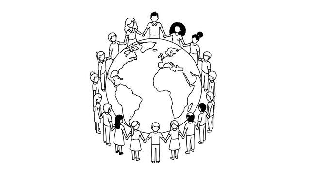 Black and white illustration of diverse people standing in a circle around the globe, holding hands in unity and cooperation.