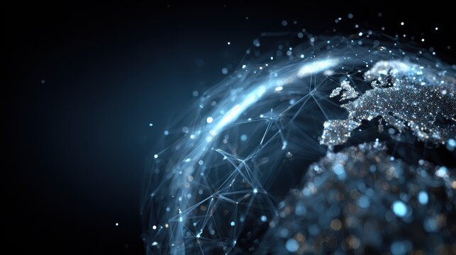 Global digital network, glowing globe with data connections, futuristic business ecosystem, clean background, 3D illustration.