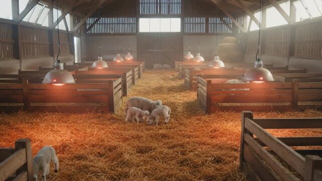 Medium shot of a wellventilated lambing barn integrating heat lamps and straw bedding to maintain optimal warmth and hygiene at lambing time.