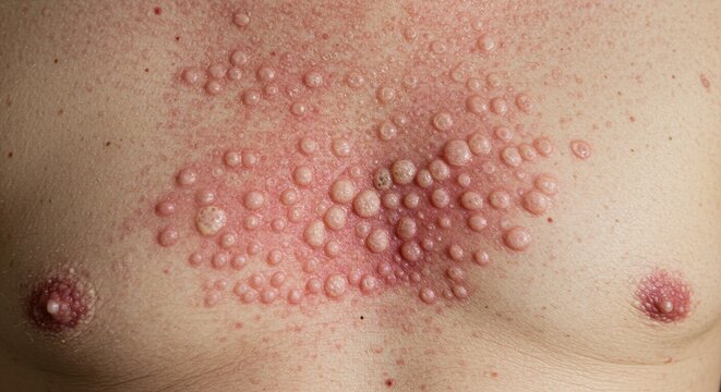 A close-up view of a person's torso showing a shingles rash on the skin