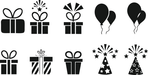 Naklejka premium Black and white illustration featuring gifts balloons and festive party decorations high quality