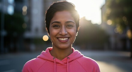A young woman smiling in a pink hoodie on a city street at sunset