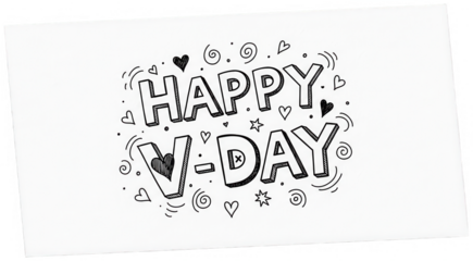 Valentine Happy v day hand drawn lettering with hearts and swirls for valentine's day card