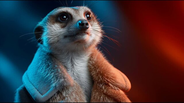 A small animal with a coat on is looking at the camera. The coat is brown and the animal is brown
