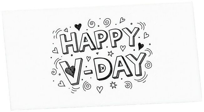 Valentine Happy v day hand drawn lettering with hearts and swirls for valentine's day card