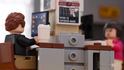 Obraz premium Tambov, Russian Federation - January 06, 2025 A Lego office with office workers on their workplaces.