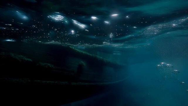Moving hull churning beneath surface during boat passage lifting bubble columns and sunlight shafts