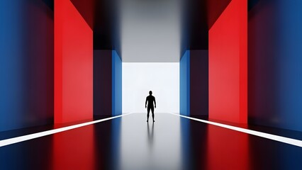 Silhouette Walking Through Colorful Corridor Toward Bright Light.