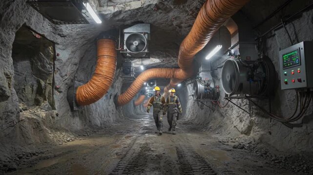 Medium shot of a hybrid ventilation setup combining natural airflow openings and mechanical fans in an underground mine to optimize air quality and energy use.