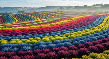 Rolling hills display vast fields cultivated in vibrant, multicolored stripes
