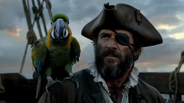 Standing sailor with tricorn-hat eyepatch watching deck at sunset, breeze spurring macaw calling