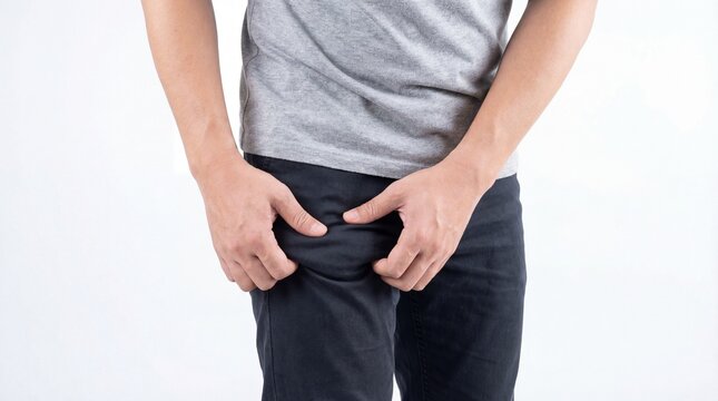 Man experiencing anal itching or discomfort possibly due to hemorrhoids.