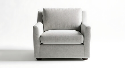 Obraz premium A comfortable light grey upholstered armchair on a clean white background