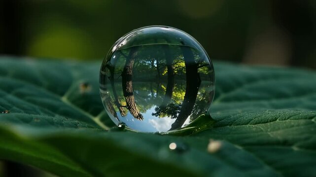 Camera pushing in, water droplet revealing inverted forest and sky on leaf in woods, showing detail