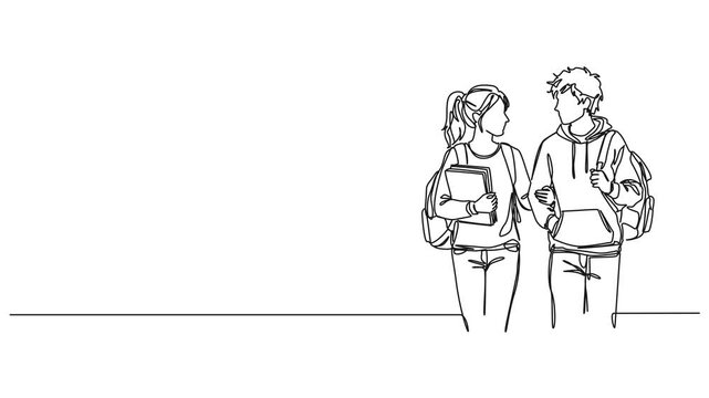 animated continuous line drawing of young college student couple walking arm in arm, line art animation