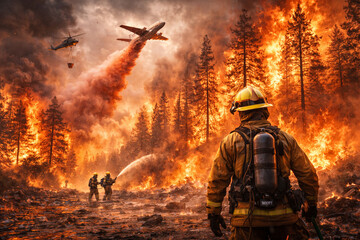 Firefighters battling a massive forest wildfire as aircraft drop water overhead. Concept of climate change, natural disaster, emergency response, wildfires, and environmental crisis.