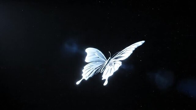 A butterfly flies alone in a dark space, a serene scene captured in a video.