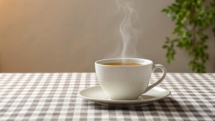 Hot cup of tea on a table with checkered cloth and plant in the background
