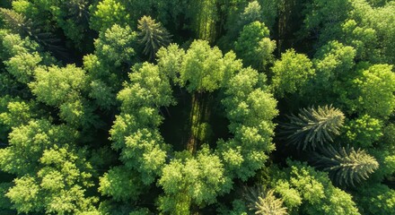 Overhead view captures lush green forest canopy featuring a circular clearing among dense foliage.
