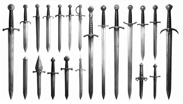 Vertical Collection of Sword Designs and Axe with Distinct Hilts and Styles