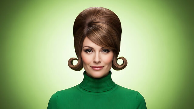 Retro styled woman with beehive hairstyle and curled bangs in a green turtleneck, studio portrait against a green gradient background