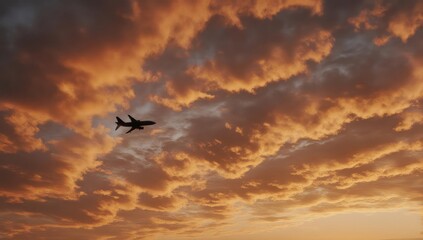 Airplane silhouette soaring through a dramatic, fiery sunset sky