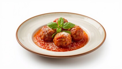 Delicious meatballs in tomato sauce garnished with basil on white plate