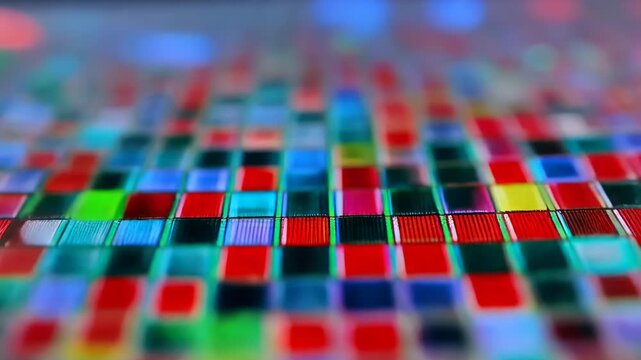 Moving camera bringing large water droplet closer on phone screen, revealing magnified RGB grid