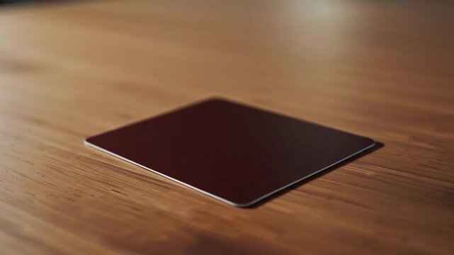 Falling by gravity maroon coaster rotating and settling onto wood table, showing metal edge