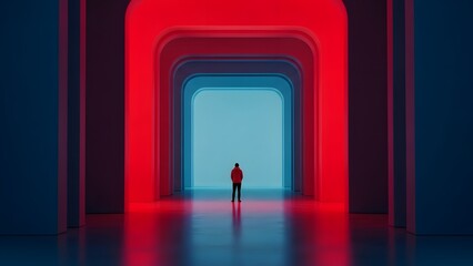 Solitary figure walks toward a glowing blue doorway through neon red arches.