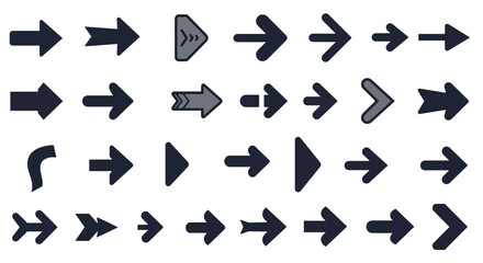 A comprehensive collection of various arrow icons and symbols in different styles and designs, pointing predominantly to the right, suitable for user interfaces and navigation.