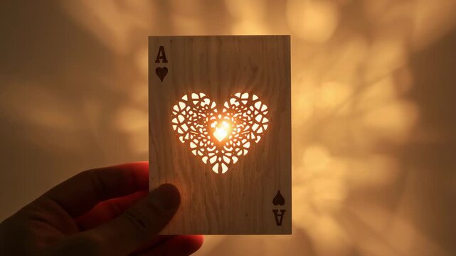 Bringing hand holding laser-cut ace of hearts card to lamp in dim room, projecting filigree pattern