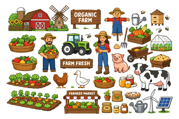 Fototapeta premium Organic farm life: cartoon illustrations of farmers, animals, and produce.