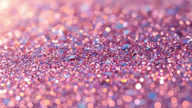 Pulling focus camera lens sharpening pink glitter midplane in studio macro for shimmer highlights