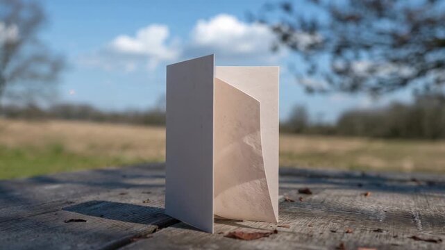 Sliding camera closer tightening focus, revealing folded white card on wooden table, rural field