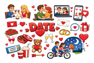 Romantic date illustrations with caucasian young couple and love symbols.