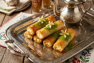 Elegant antique silver tray serving crispy Znoud El Sit cream rolls with pistachios