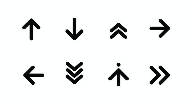 A collection of eight black arrow icons pointing in various directions on a white background, including single and double chevron designs for navigation.