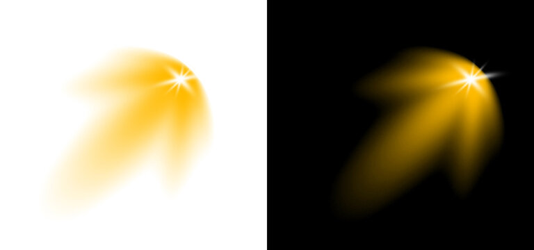 Orange bright light source lens flare effect glowing trail realistic vector illustration set isolated on transparent and black backgrounds