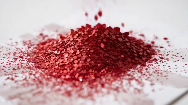 Falling red sequins building mound on white sheet, released from above with studio highlights