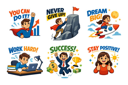 Motivational cartoon scenes with characters achieving success and staying positive.