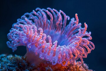 Obraz premium Vibrant Macro Photography of Colorful Sea Anemone with Glowing Tentacles and Luminous Details under Soft Blue and Pink Lighting at Ocean Depths 