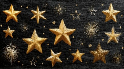 Stars in a pattern on textured paper show a mix of gold and black, creating a striking design for use in various projects or creative works