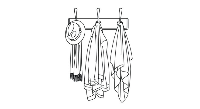 Minimalist line drawing of a wall-mounted coat rack with three hooks, holding two towels, a scarf, and a stylish hat.