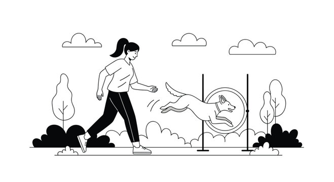 Woman training her talented dog on an outdoor agility course, with the pet gracefully jumping through a hoop with speed.